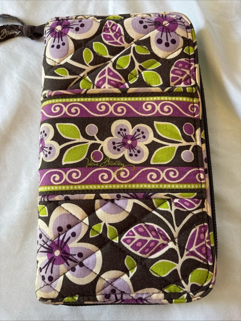 Vera Bradley Purple Floral Quilted Zip Phone Wallet with Green Accents